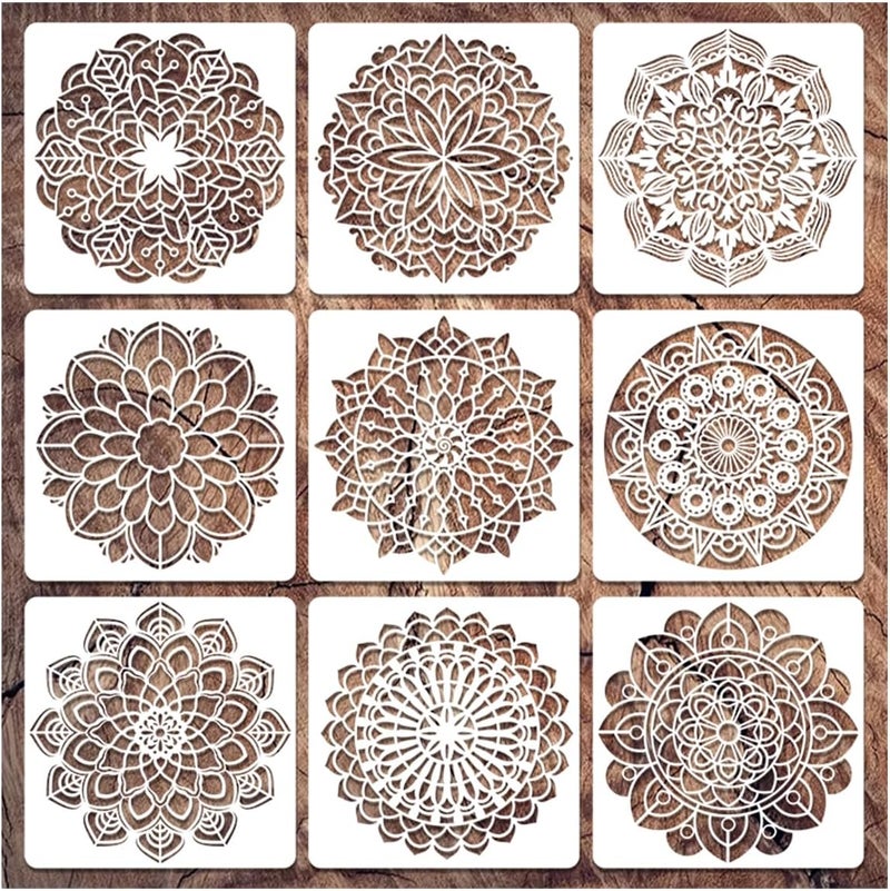 BONMOSS 9 Pack Mandala Stencils for Painting,Reusable Paint Drawing Templates for Painting on Wood Floor Wall Canvas Tile Fabric,Creative Mandala Stencils for DIY Art Projects & Home Decor (6 inch) - Image 1
